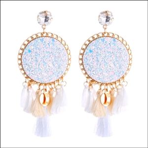 White Boho Fringed Tassel Earrings